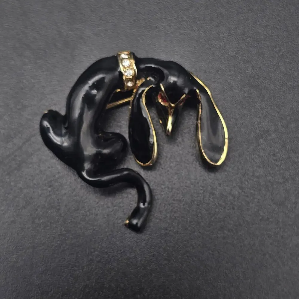 Black Enamel Hound Dog Brooch Rhinestone Accents Vintage Animal Jewelry